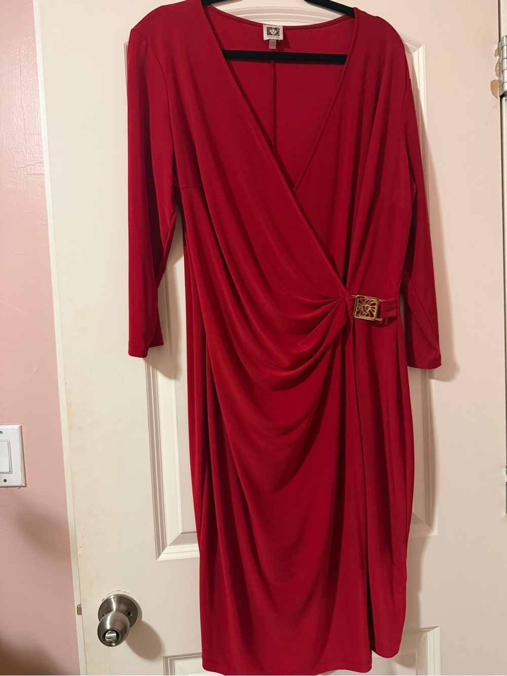 Anne Klein Red Draped Faux-Wrap Midi Dress with Buckle